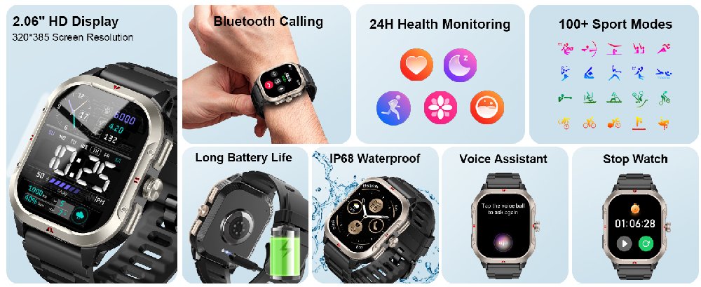 Smartwatch interface mockups showing various screens including fitness tracking, messaging, and health monitoring features with colorful app icons.